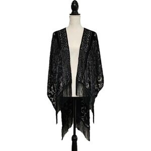 NWT Earthbound Trading Co Sheer Black Burnout Velvet Fringe Shawl Wrap One Size